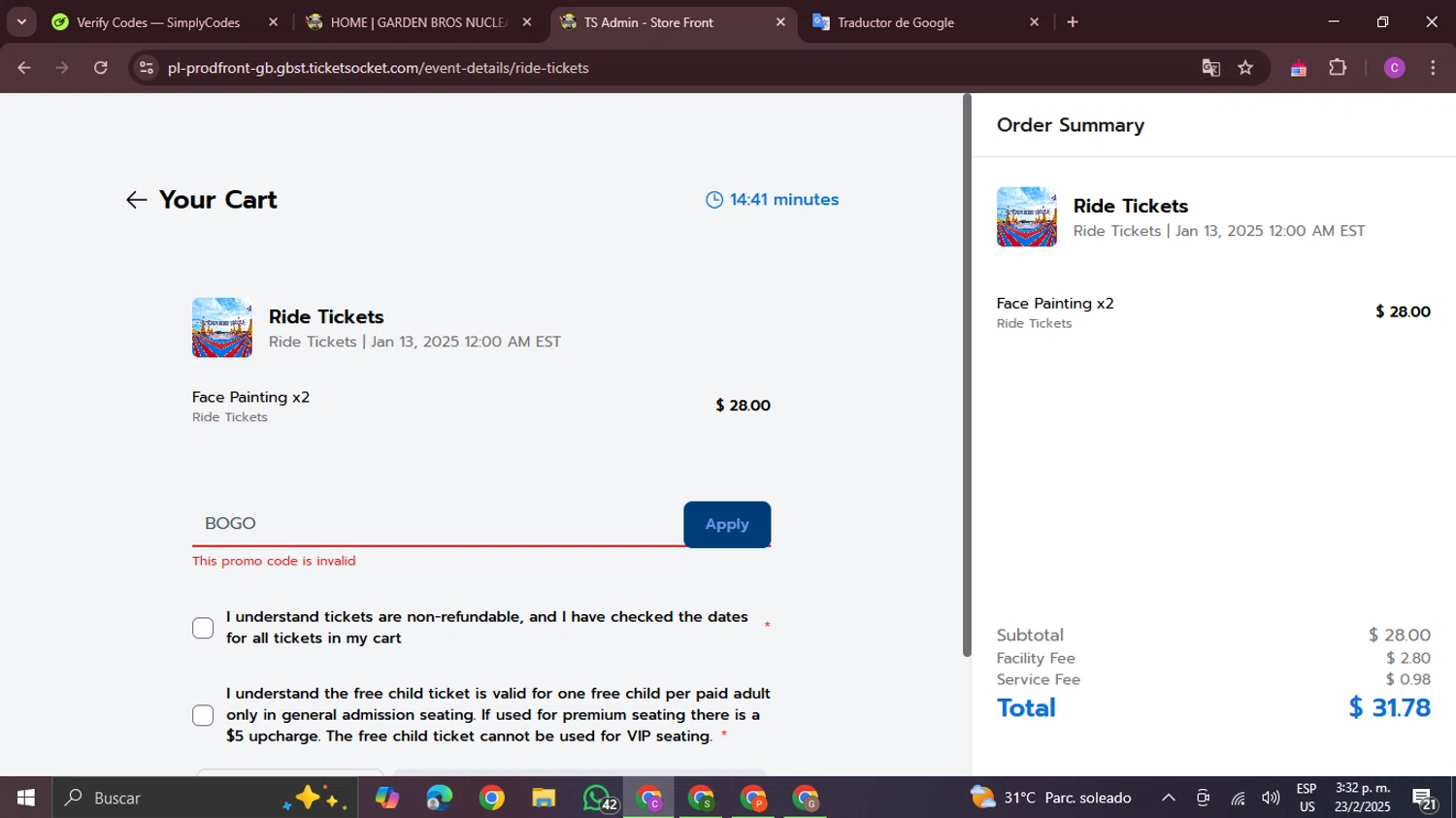 Garden Bros Nuclear Circus promo code screenshot showing code BOGO applied at Garden Bros Nuclear Circus checkout page. Uploaded by SimplyCodes community member FrugalPro5078 on Feb 23, 2025