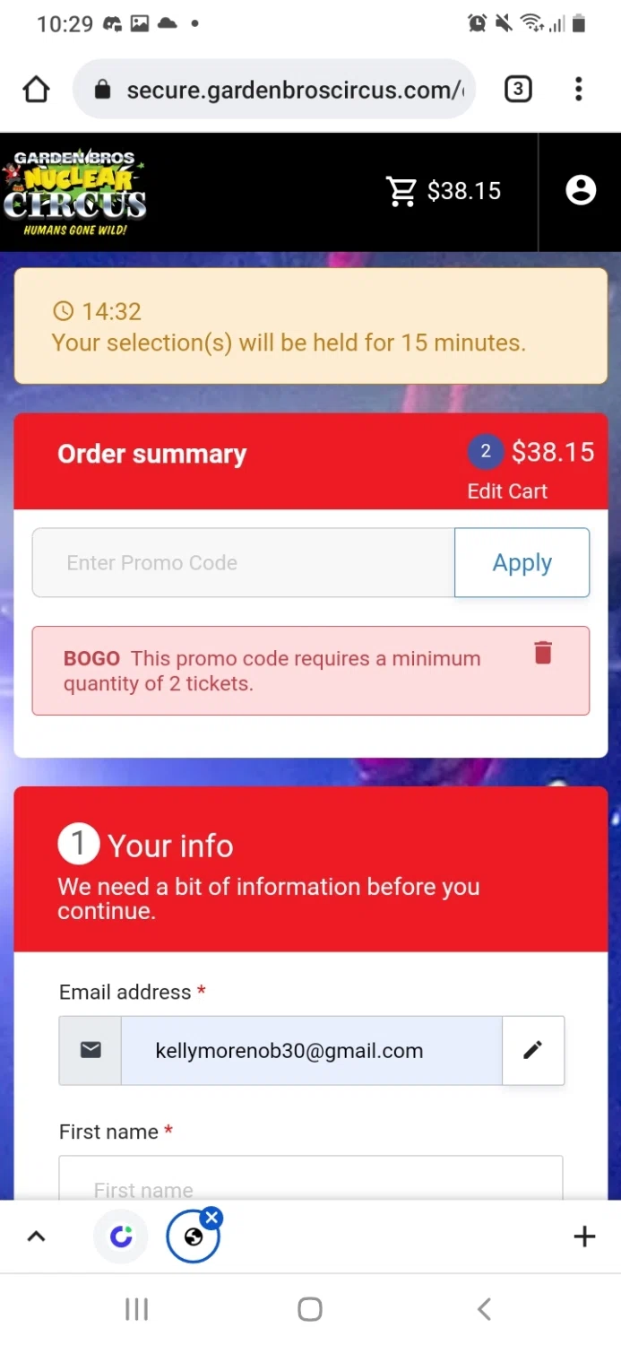 Garden Bros Nuclear Circus checkout page showing Garden Bros Nuclear Circus promo code box | Screenshot taken by SimplyCodes community member on Jan 31, 2022