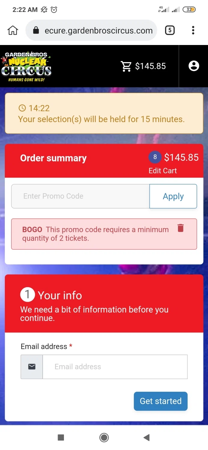 Garden Bros Nuclear Circus checkout page showing Garden Bros Nuclear Circus promo code box | Screenshot taken by SimplyCodes community member on Mar 5, 2022