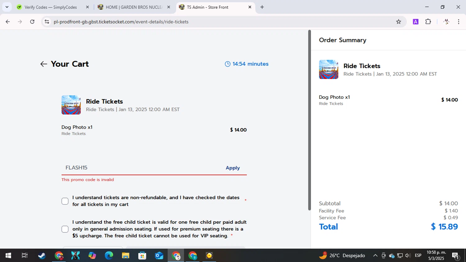 Garden Bros Nuclear Circus promo code screenshot showing code FLASH15 applied at Garden Bros Nuclear Circus checkout page. Uploaded by SimplyCodes community member GameOver on Mar 6, 2025