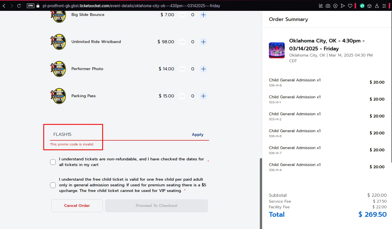 Garden Bros Nuclear Circus promo code screenshot showing code FLASH15 applied at Garden Bros Nuclear Circus checkout page. Uploaded by SimplyCodes community member user1998 on Mar 6, 2025