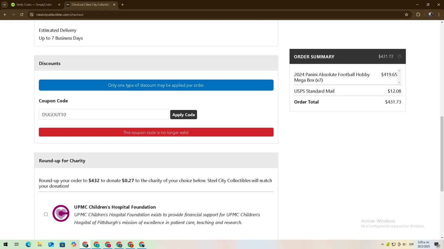 Garden Bros Nuclear Circus checkout page showing Garden Bros Nuclear Circus promo code box | Screenshot taken by SimplyCodes community member on Feb 20, 2025