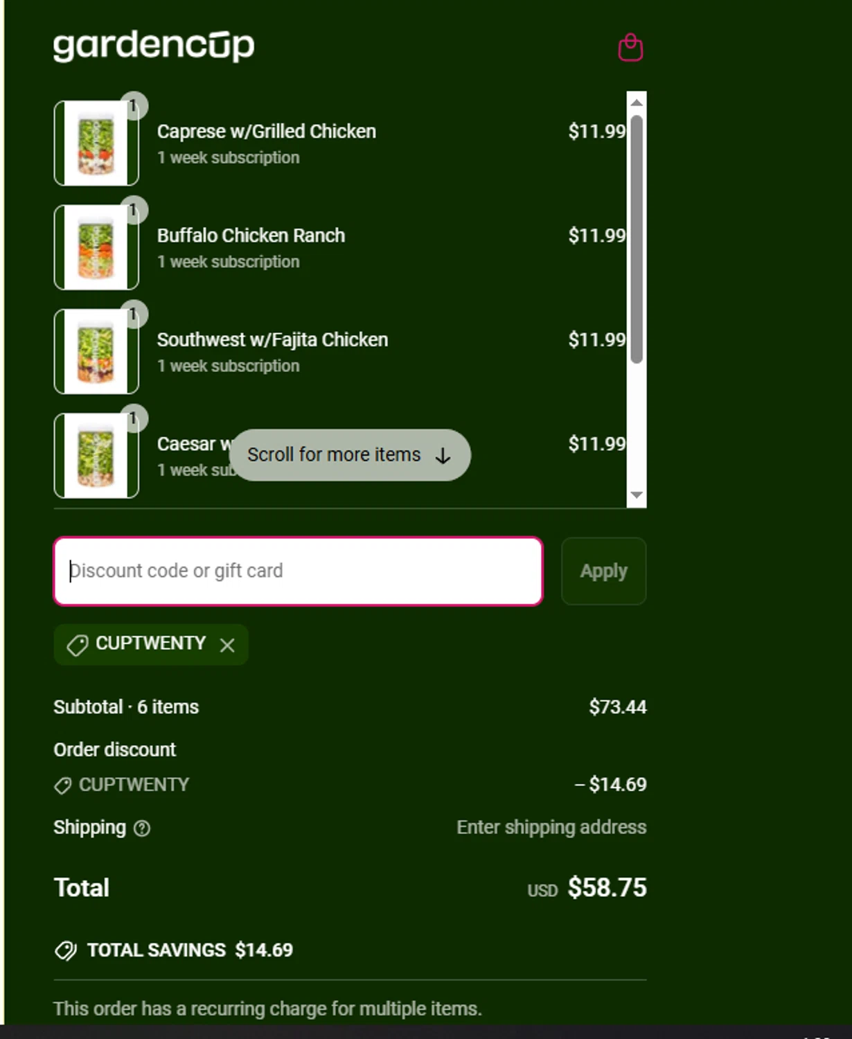 Gardencup discount code screenshot showing code CUPTWENTY applied at Gardencup checkout page. Uploaded by SimplyCodes community member ElAuronPlay on Apr 18, 2025