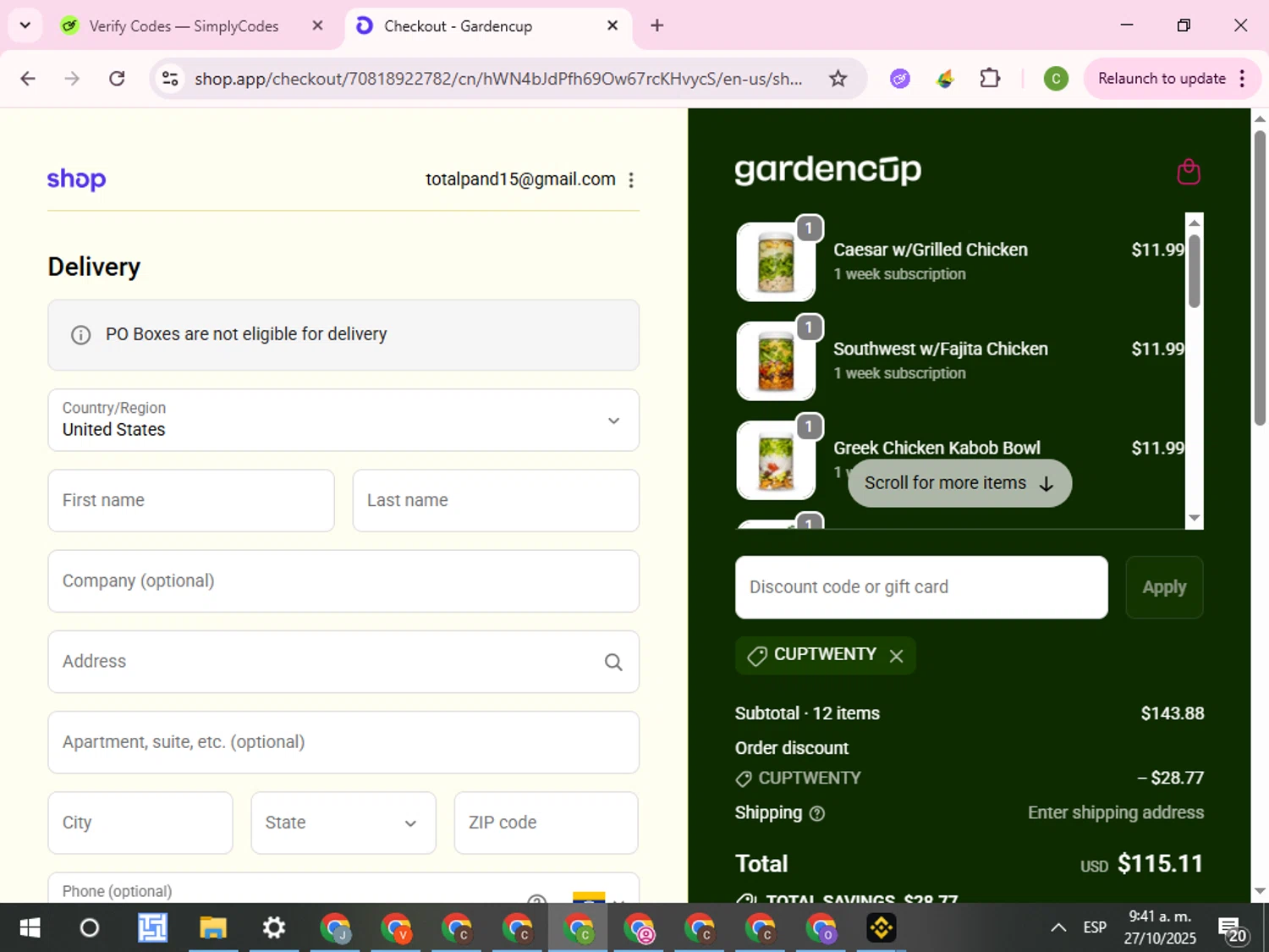 Gardencup discount code screenshot showing code CUPTWENTY applied at Gardencup checkout page. Uploaded by SimplyCodes community member RoyalKnight4673 on Oct 27, 2025