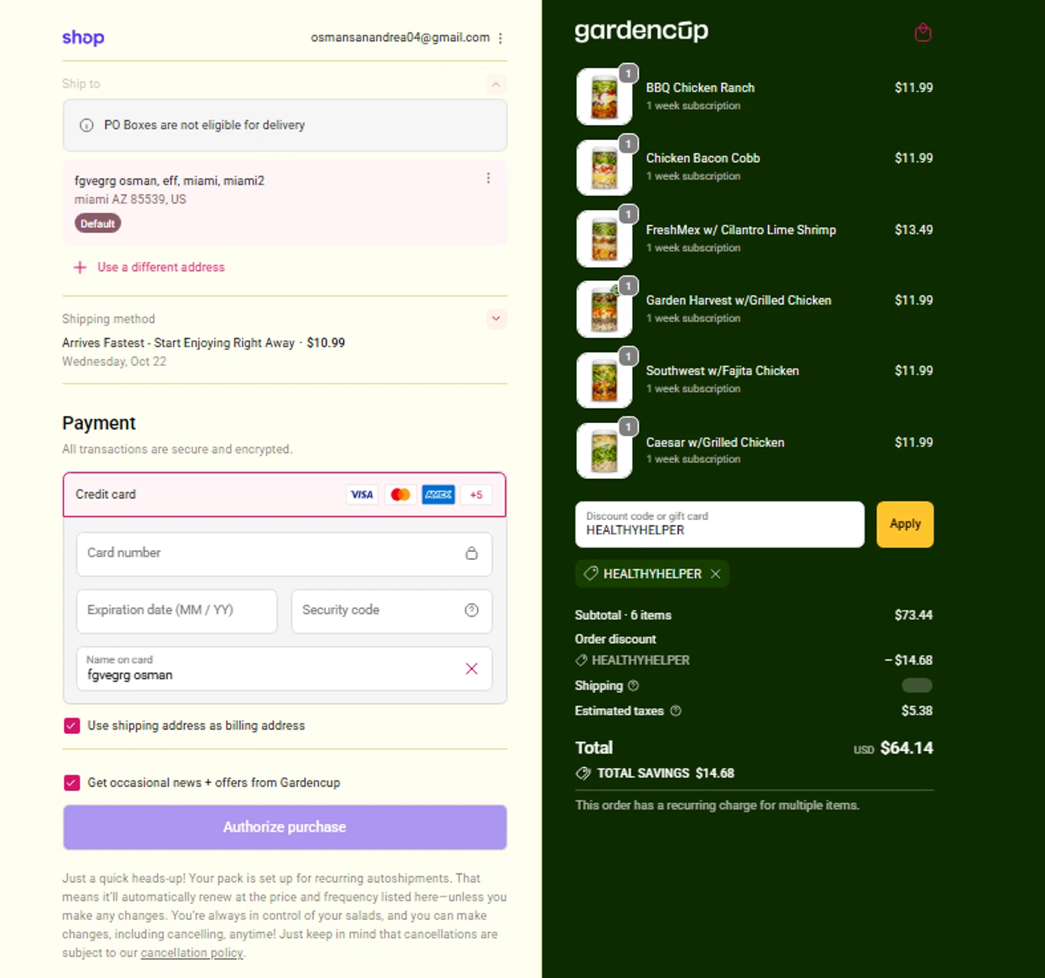 Gardencup discount code screenshot showing code HEALTHYHELPER applied at Gardencup checkout page. Uploaded by SimplyCodes community member ElonMusk on Oct 14, 2025