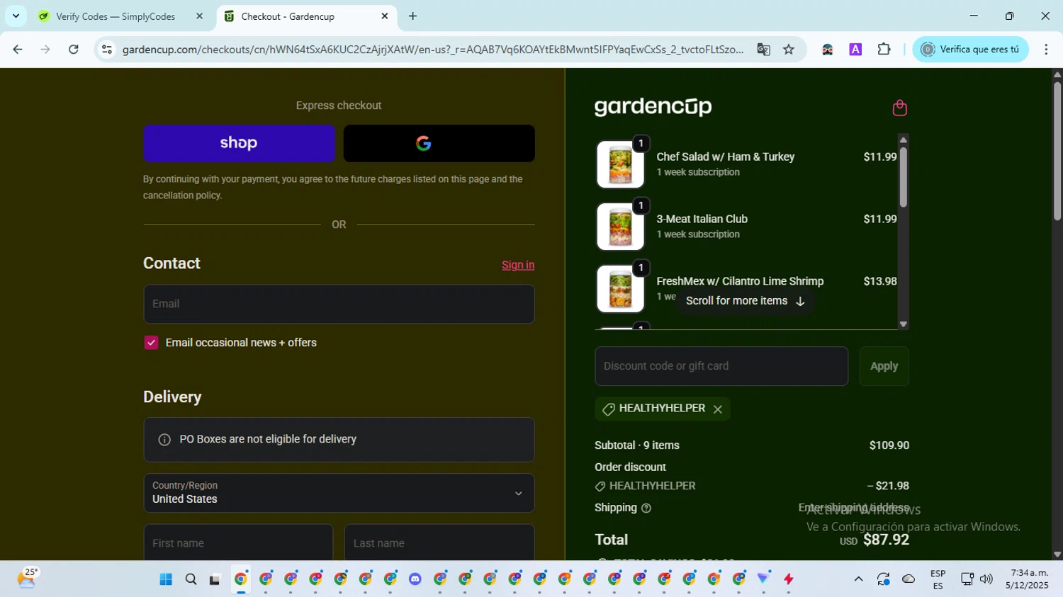 Gardencup discount code screenshot showing code HEALTHYHELPER applied at Gardencup checkout page. Uploaded by SimplyCodes community member ScanMaven5756 on Dec 5, 2025