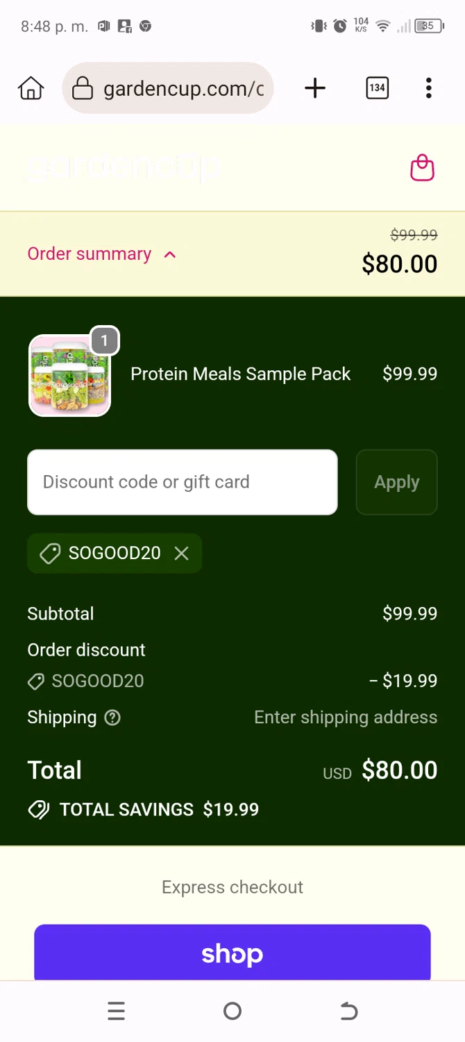 Gardencup discount code screenshot showing code SOGOOD20 applied at Gardencup checkout page. Uploaded by SimplyCodes community member Typer19 on Nov 20, 2025