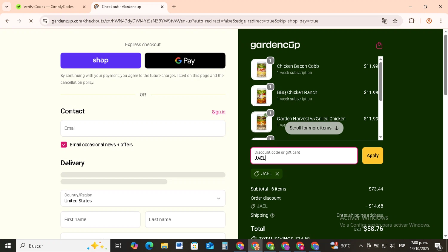 Gardencup discount code screenshot showing code JAEL applied at Gardencup checkout page. Uploaded by SimplyCodes community member RebateCollector5909 on Oct 14, 2025