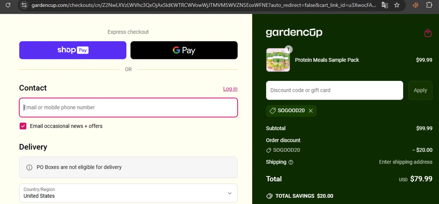 Gardencup discount code screenshot showing code SOGOOD20 applied at Gardencup checkout page. Uploaded by SimplyCodes community member javierprez on May 31, 2025