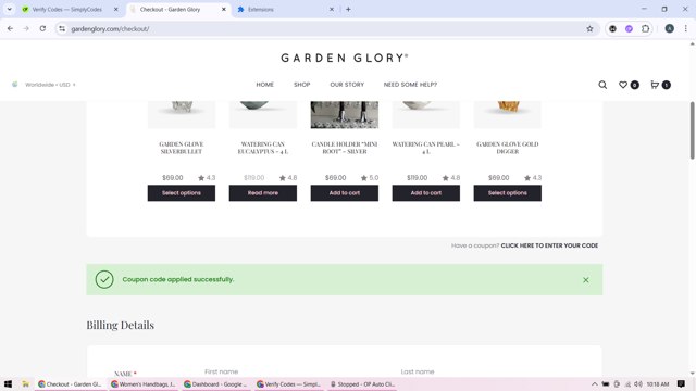 Garden Glory checkout page showing Garden Glory coupon code box | Screenshot taken by SimplyCodes community member on Jul 24, 2025