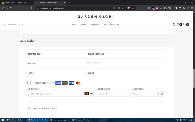 Garden Glory checkout page showing Garden Glory coupon code box | Screenshot taken by SimplyCodes community member on Jul 24, 2025