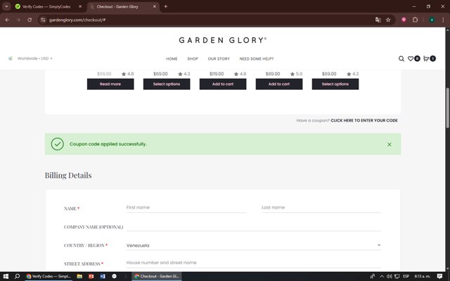 Garden Glory checkout page showing Garden Glory coupon code box | Screenshot taken by SimplyCodes community member on Aug 13, 2025