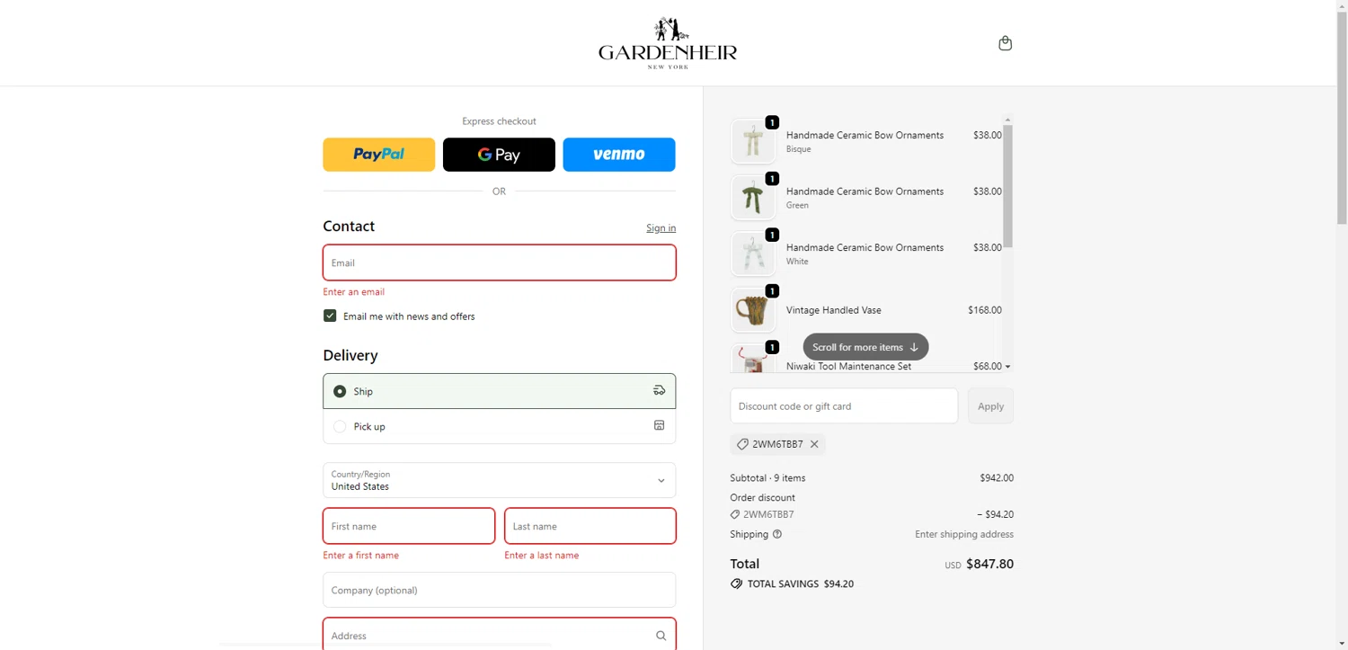 Gardenheir checkout page showing Gardenheir discount code box | Screenshot taken by SimplyCodes community member on Feb 1, 2026