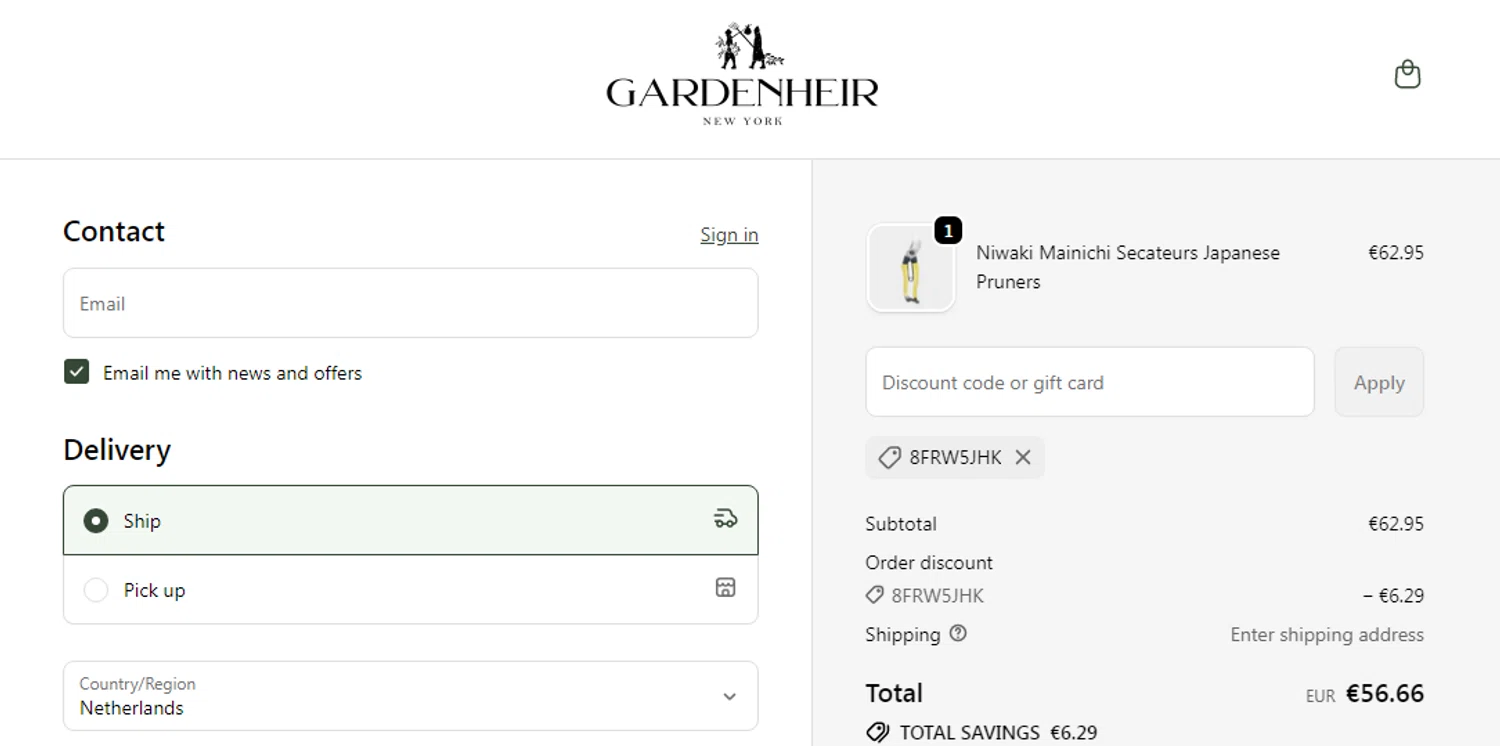 Gardenheir discount code screenshot showing code 8FRW5JHK applied at Gardenheir checkout page. Uploaded by SimplyCodes community member RonaldAcunaJr on Feb 5, 2026