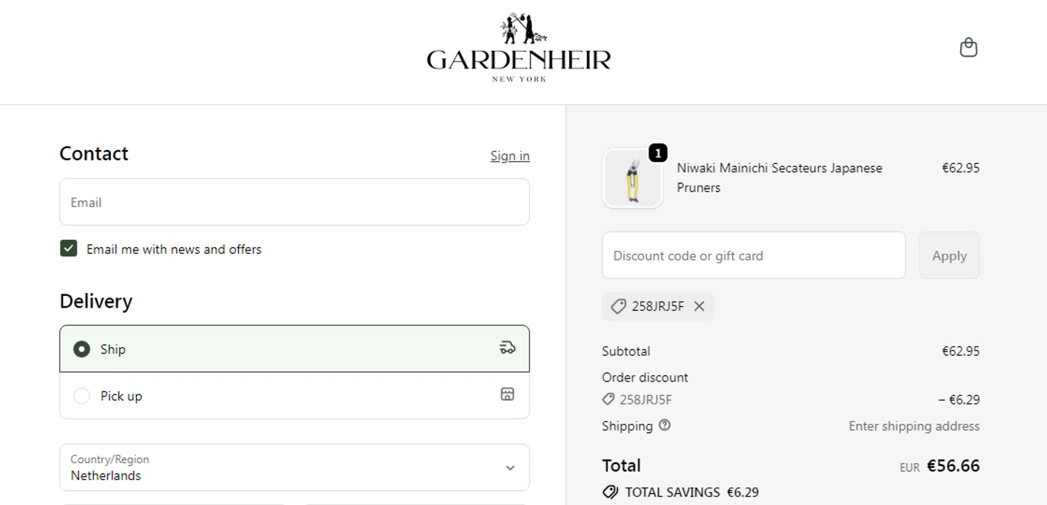 Gardenheir discount code screenshot showing code 258JRJ5F applied at Gardenheir checkout page. Uploaded by SimplyCodes community member RonaldAcunaJr on Feb 5, 2026