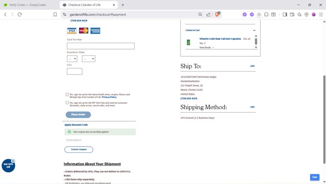 Garden of Life checkout page showing Garden of Life discount code box | Screenshot taken by SimplyCodes community member on Aug 21, 2025