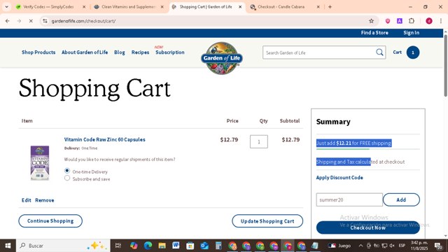 Garden of Life checkout page showing Garden of Life discount code box | Screenshot taken by SimplyCodes community member on Aug 11, 2025