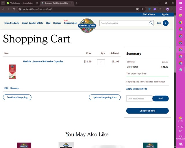Garden of Life checkout page showing Garden of Life discount code box | Screenshot taken by SimplyCodes community member on Sep 3, 2025