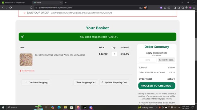 Garden Wildlife Direct checkout page showing Garden Wildlife Direct promo code box | Screenshot taken by SimplyCodes community member on Jul 26, 2025