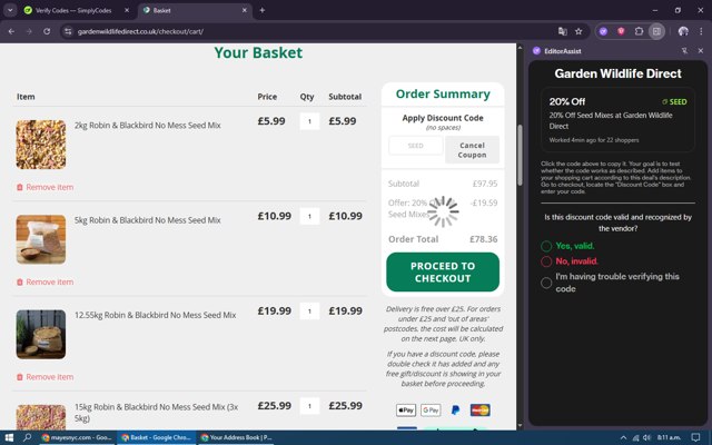 Garden Wildlife Direct checkout page showing Garden Wildlife Direct promo code box | Screenshot taken by SimplyCodes community member on Aug 26, 2025