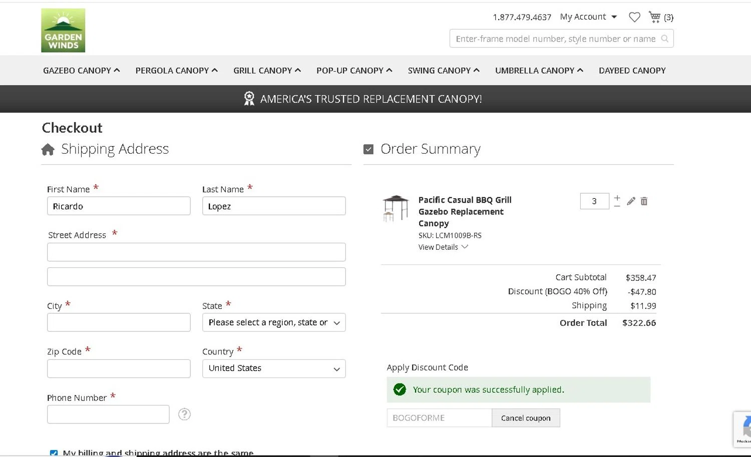 Garden Winds discount code screenshot showing code BOGOFORME applied at Garden Winds checkout page. Uploaded by SimplyCodes community member LAMINEJAMAL on Dec 8, 2025