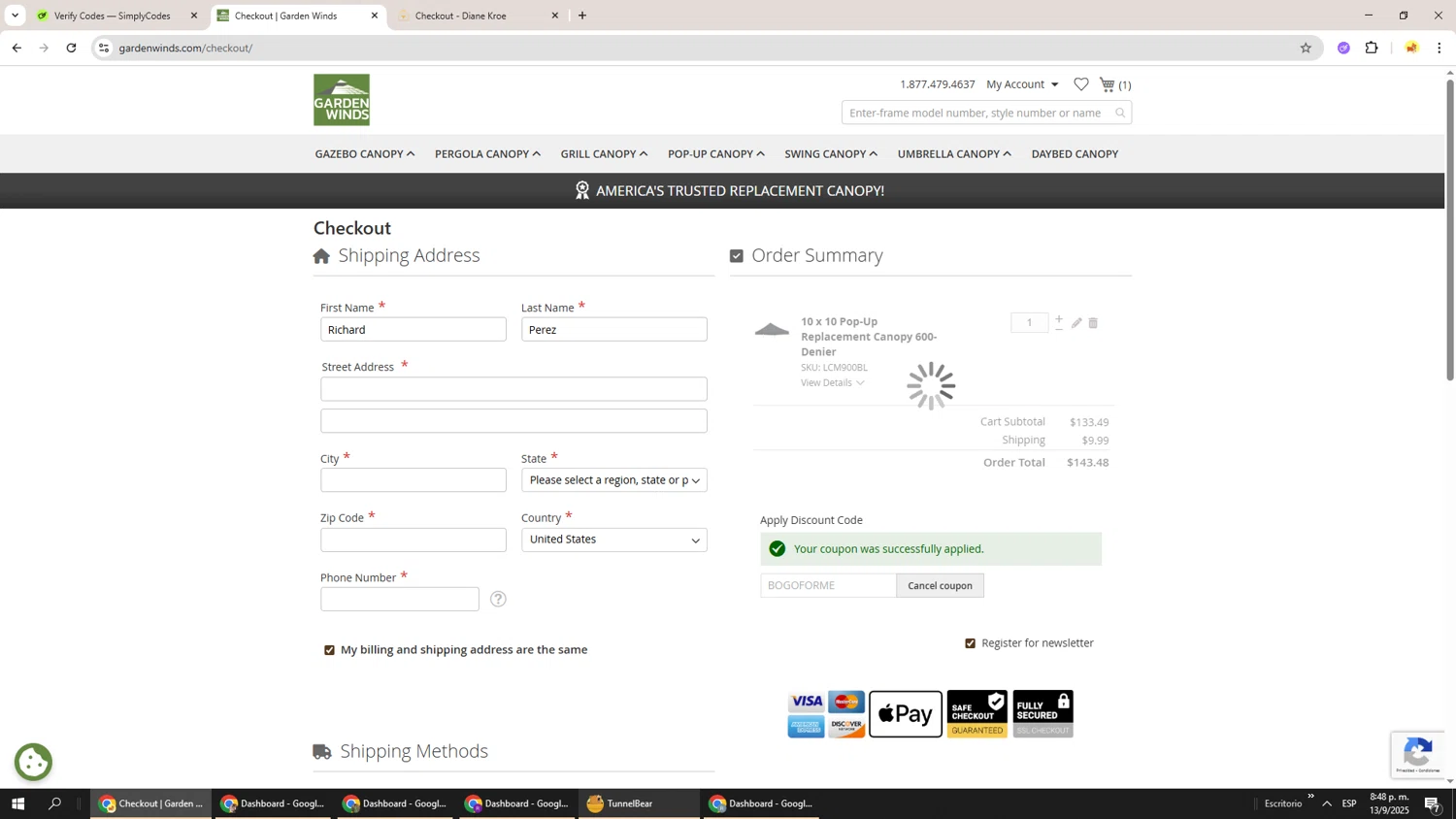 Garden Winds checkout page showing Garden Winds discount code box | Screenshot taken by SimplyCodes community member on Sep 14, 2025