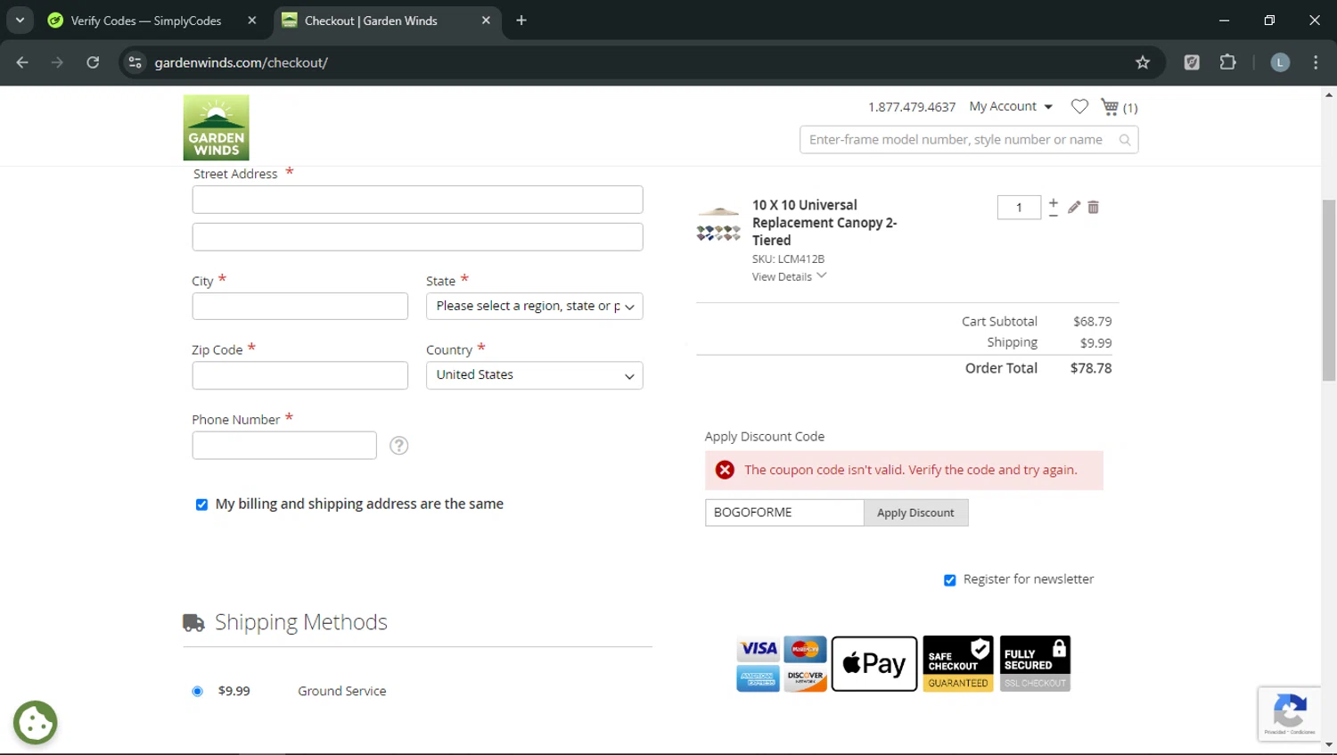 Garden Winds discount code screenshot showing code BOGOFORME applied at Garden Winds checkout page. Uploaded by SimplyCodes community member RoyalOwl5790 on Feb 15, 2026