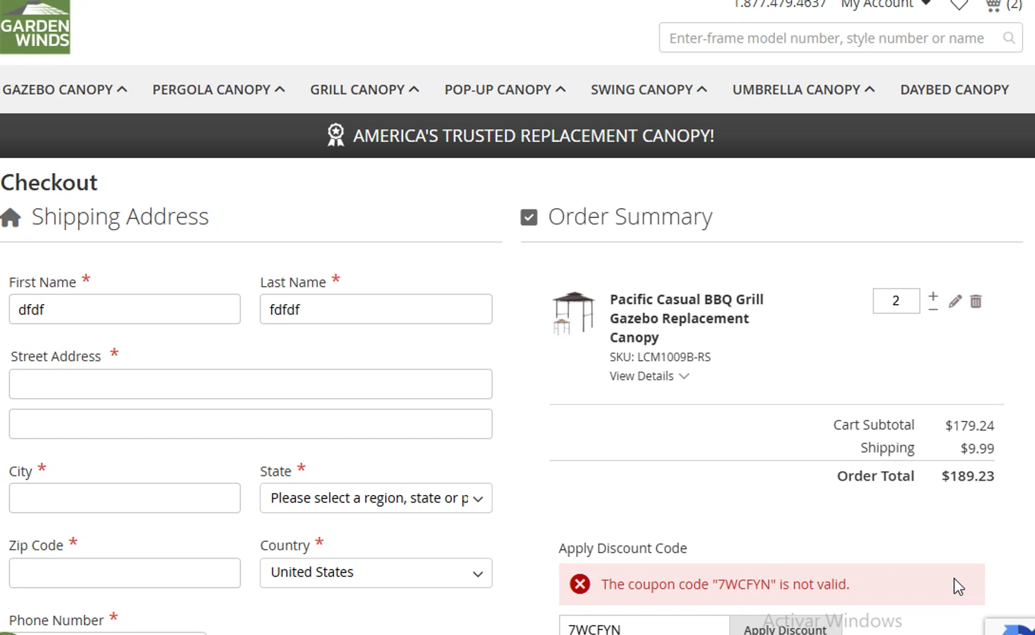 Garden Winds discount code screenshot showing code 7WCFYN applied at Garden Winds checkout page. Uploaded by SimplyCodes community member BudgetGuardian5712 on Nov 28, 2025