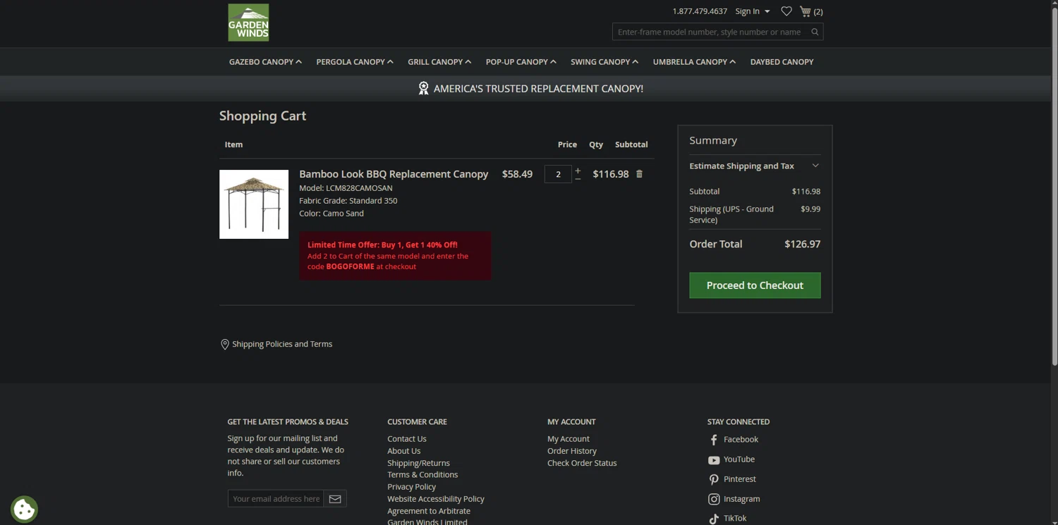 Garden Winds discount code screenshot showing code 7WCFYN applied at Garden Winds checkout page. Uploaded by SimplyCodes community member ScanEagle5120 on Nov 12, 2025