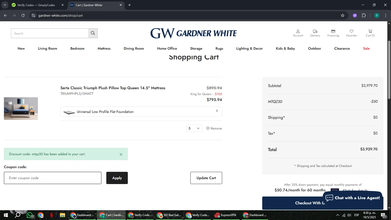 Gardner-White promo code screenshot showing code MTQZ50 applied at Gardner-White checkout page. Uploaded by SimplyCodes community member FrugalCaptain6906 on May 11, 2025