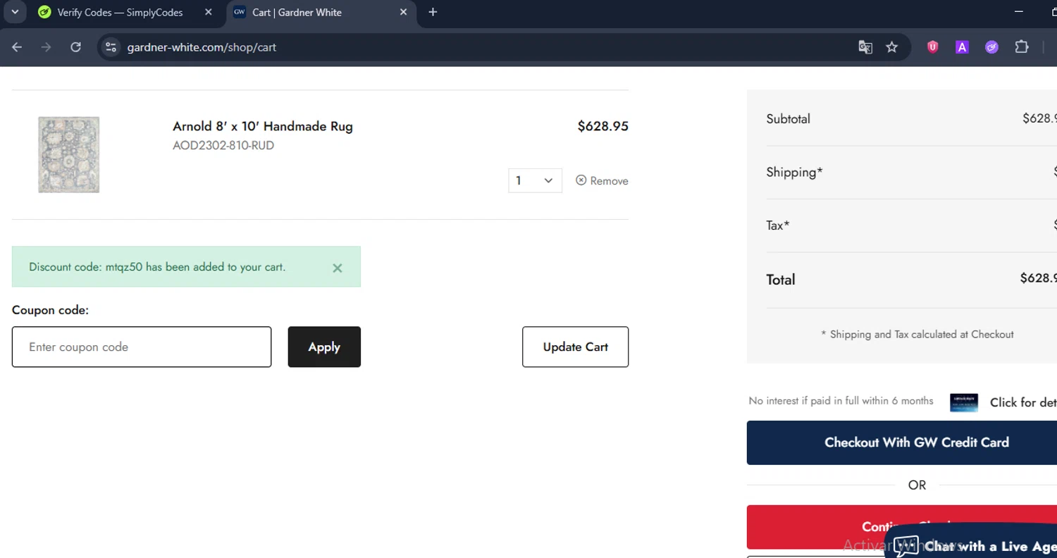 Gardner-White promo code screenshot showing code MTQZ50 applied at Gardner-White checkout page. Uploaded by SimplyCodes community member ShieldCurator2100 on Jun 22, 2025