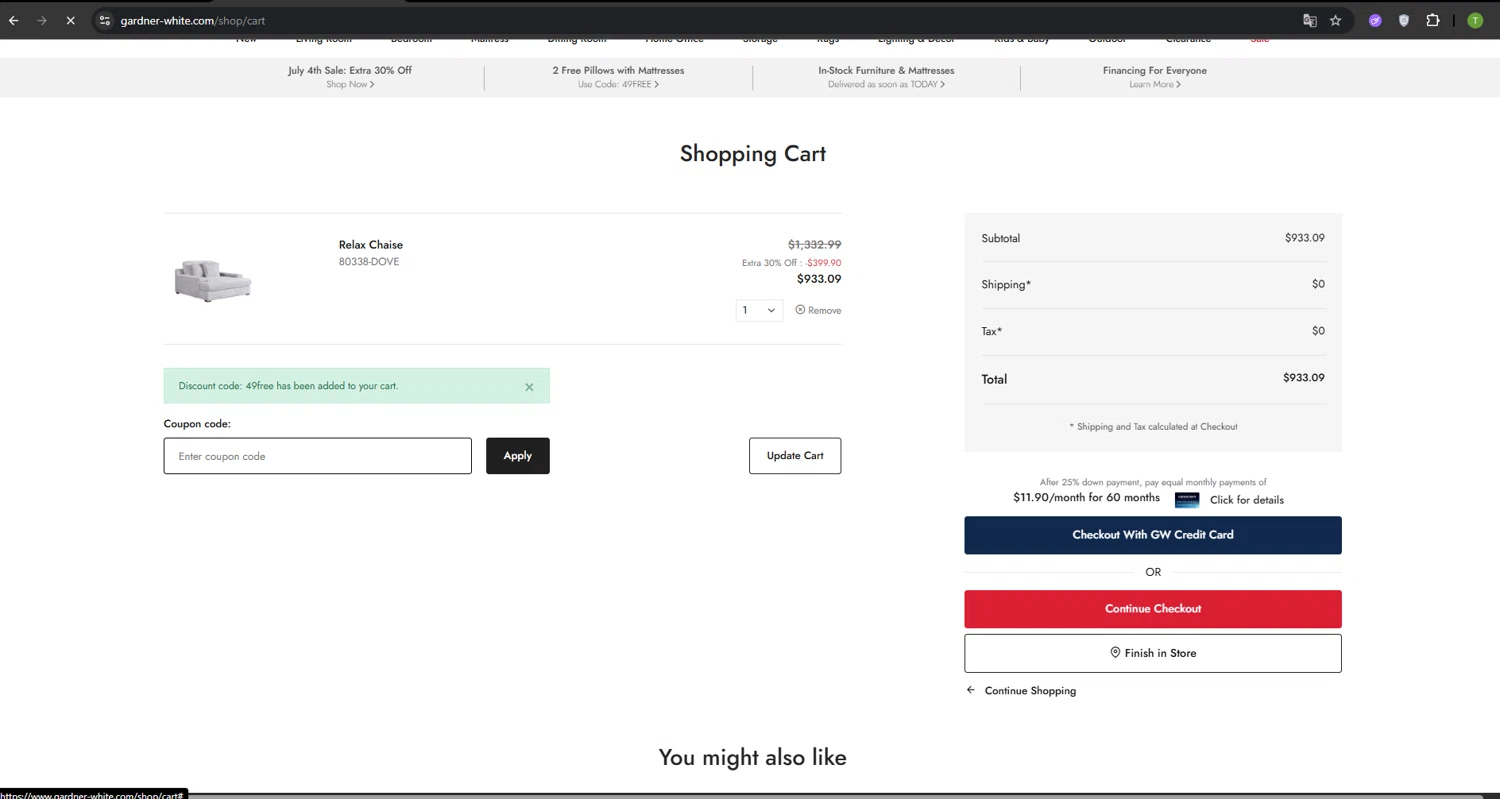 Gardner-White promo code screenshot showing code 49free applied at Gardner-White checkout page. Uploaded by SimplyCodes community member SavvyNavigator1720 on Jul 8, 2025