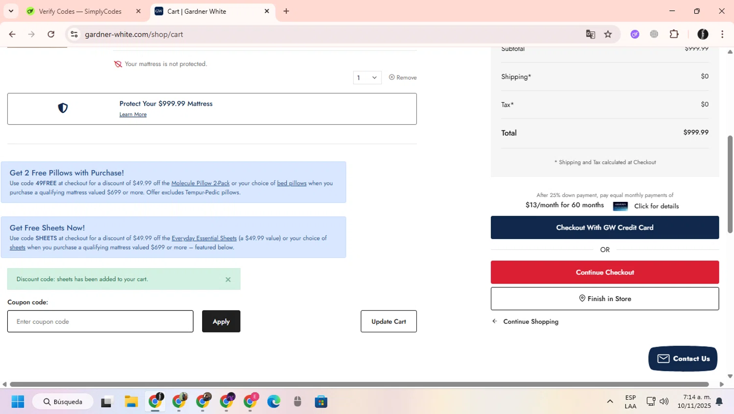 Gardner-White promo code screenshot showing code SHEETS applied at Gardner-White checkout page. Uploaded by SimplyCodes community member ChinoYugiXD on Nov 10, 2025