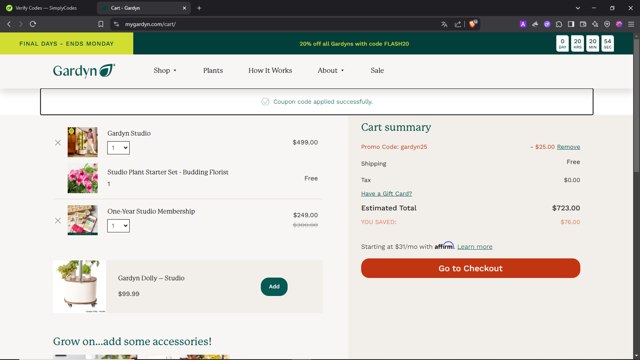 Gardyn checkout page showing Gardyn promo code box | Screenshot taken by SimplyCodes community member on Mar 31, 2025