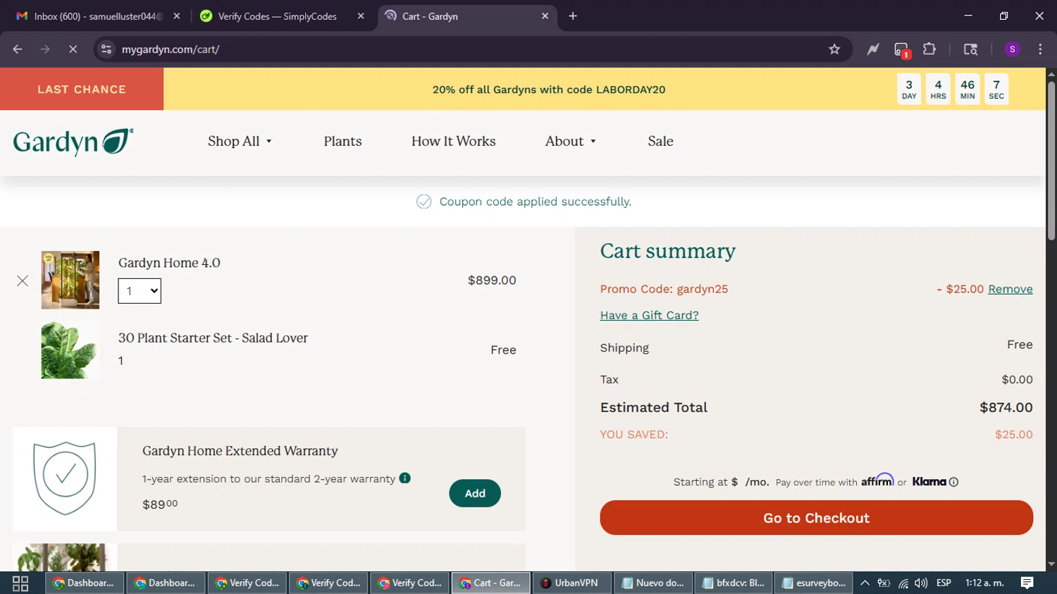 Gardyn promo code screenshot showing code GARDYN25 applied at Gardyn checkout page. Uploaded by SimplyCodes community member ShieldWarden7838 on Aug 29, 2025