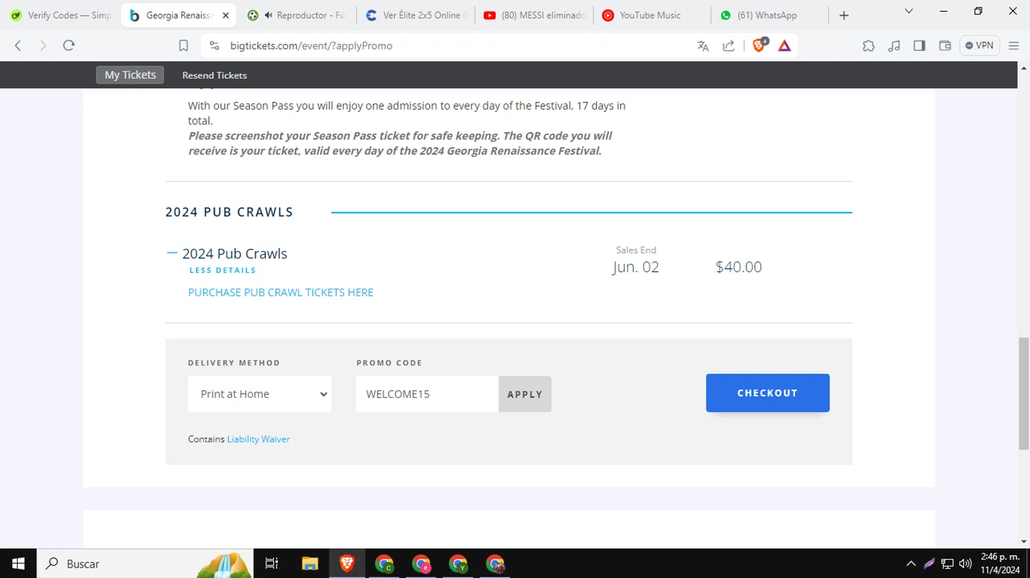 Georgia Renaissance Festival checkout page showing Georgia Renaissance Festival promo code box | Screenshot taken by SimplyCodes community member on Apr 11, 2024
