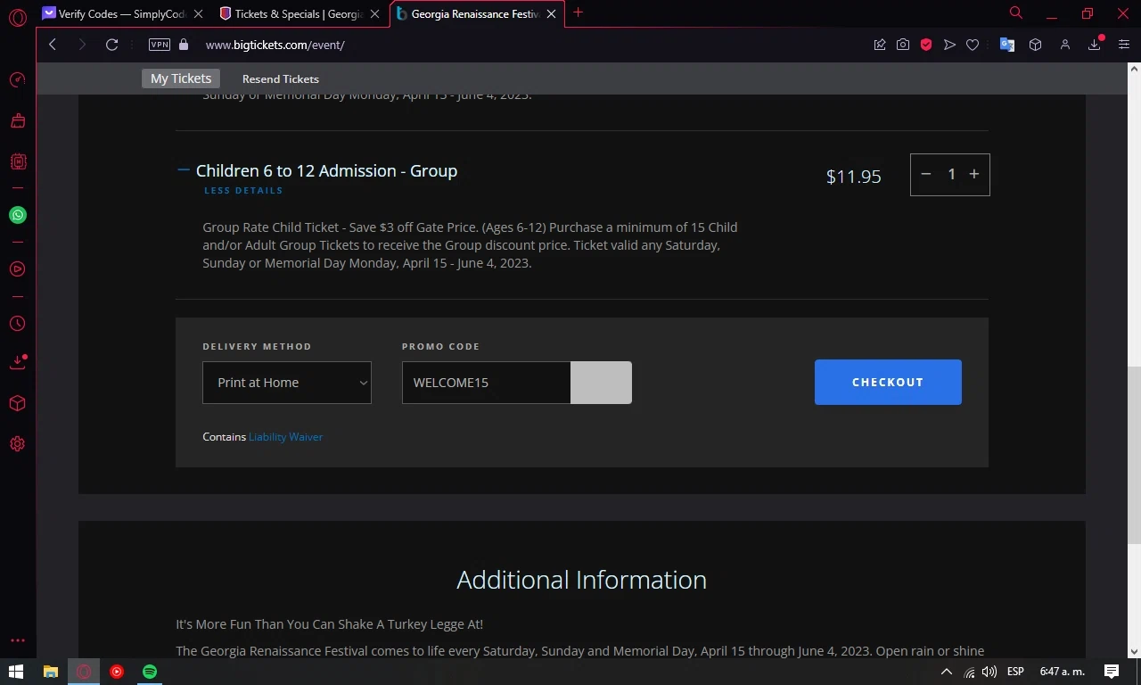 Georgia Renaissance Festival checkout page showing Georgia Renaissance Festival promo code box | Screenshot taken by SimplyCodes community member on May 31, 2023