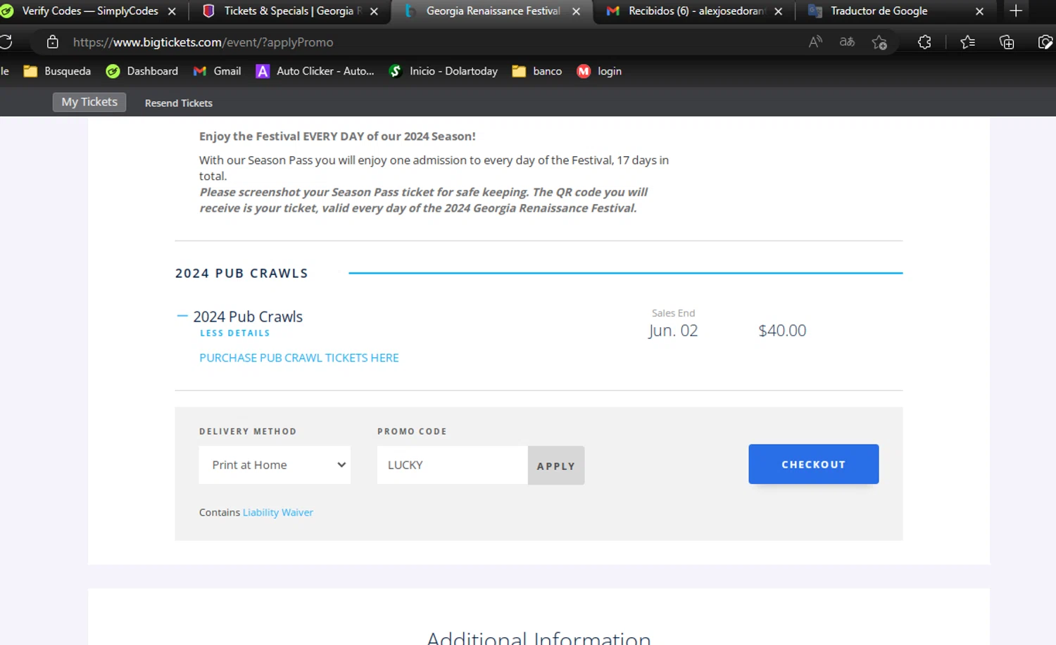 Georgia Renaissance Festival checkout page showing Georgia Renaissance Festival promo code box | Screenshot taken by SimplyCodes community member on Apr 10, 2024