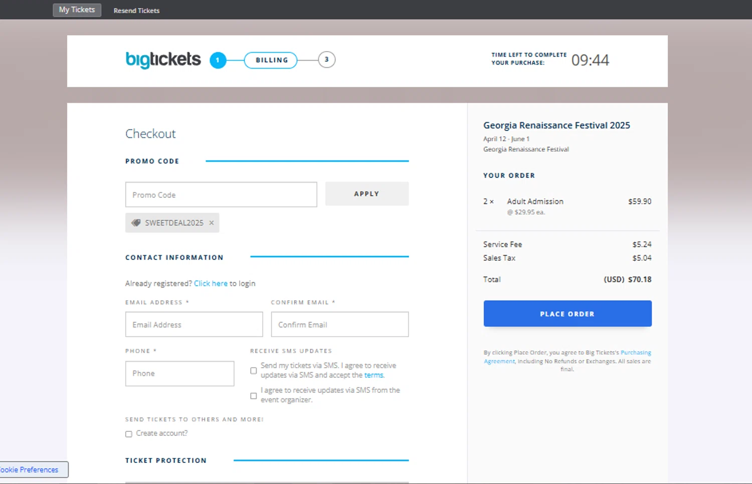 Georgia Renaissance Festival promo code screenshot showing code SWEETDEAL2025 applied at Georgia Renaissance Festival checkout page. Uploaded by SimplyCodes community member SimplyCVerlie on Apr 2, 2025