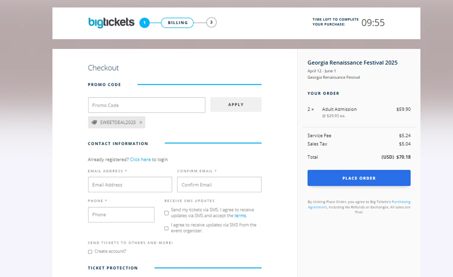 Georgia Renaissance Festival promo code screenshot showing code SWEETDEAL2025 applied at Georgia Renaissance Festival checkout page. Uploaded by SimplyCodes community member SimplyCVerlie on Apr 12, 2025