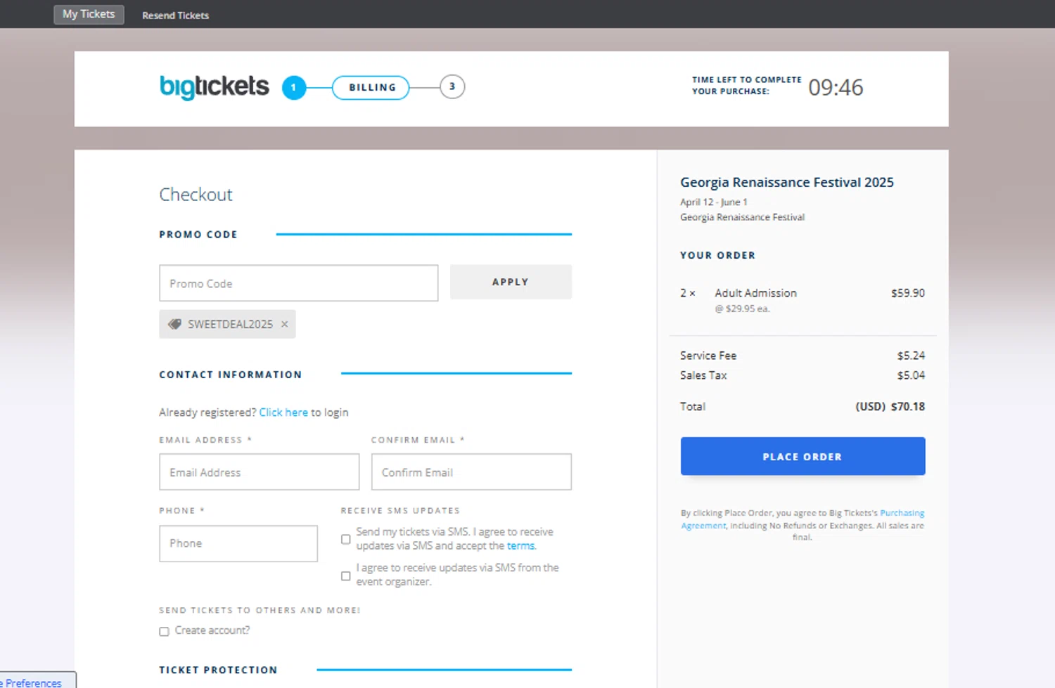 Georgia Renaissance Festival promo code screenshot showing code SWEETDEAL2025 applied at Georgia Renaissance Festival checkout page. Uploaded by SimplyCodes community member SimplyCVerlie on Apr 8, 2025