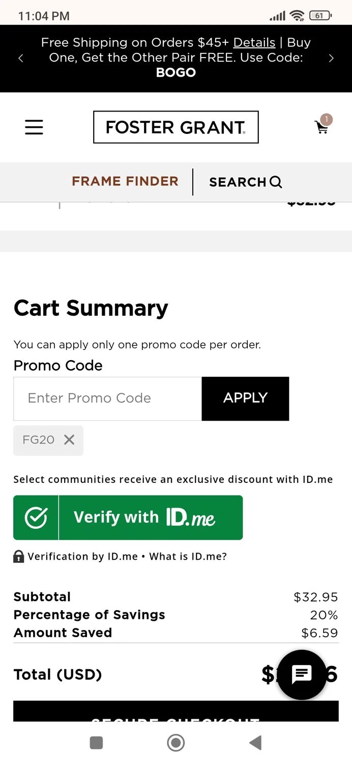 Gargoyles Eyewear promo code screenshot showing code FG20 applied at Gargoyles Eyewear checkout page. Uploaded by SimplyCodes community member Ric_alfon on Jun 17, 2025