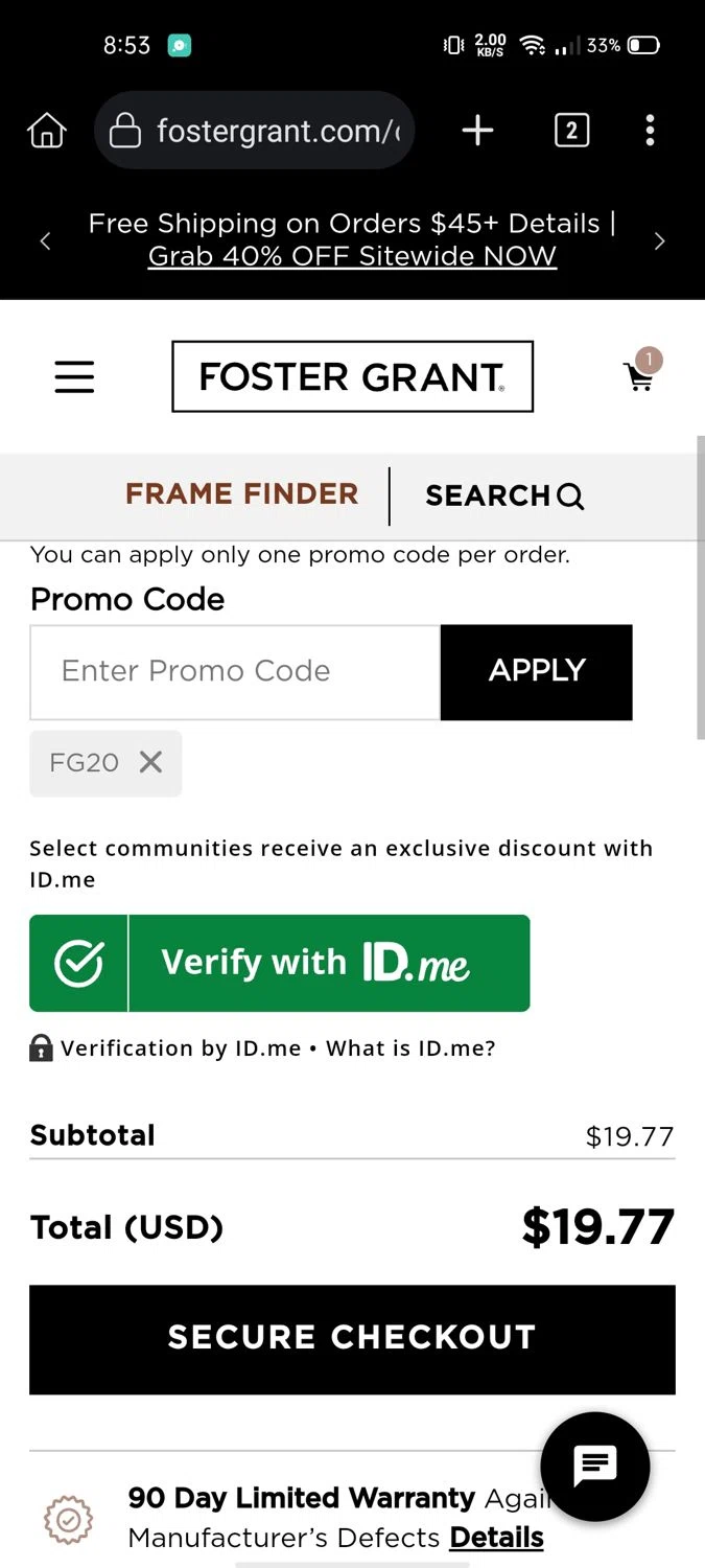 Gargoyles Eyewear promo code screenshot showing code FG20 applied at Gargoyles Eyewear checkout page. Uploaded by SimplyCodes community member Wonderwoman82 on May 20, 2025