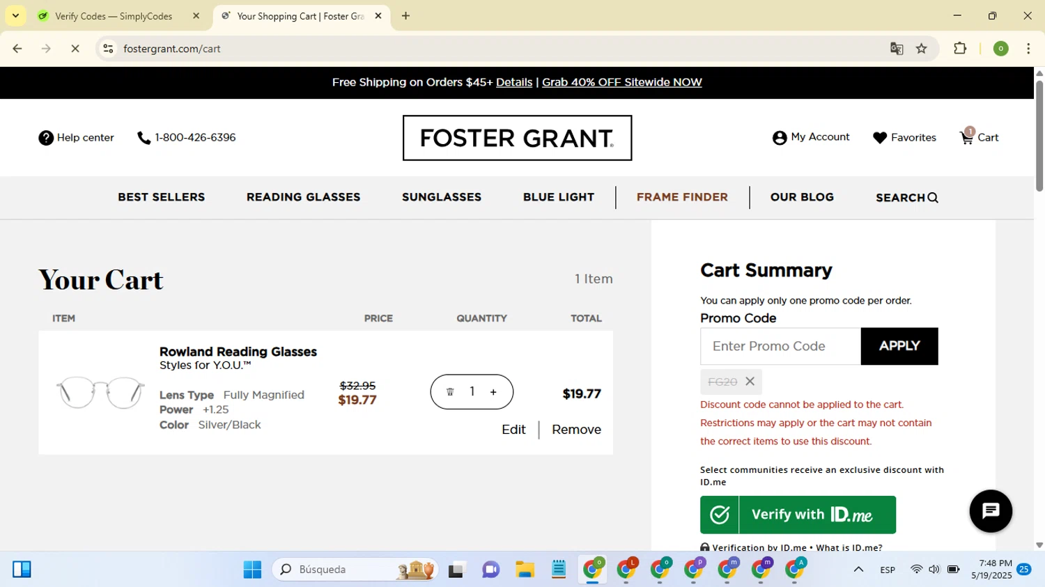 Gargoyles Eyewear promo code screenshot showing code FG20 applied at Gargoyles Eyewear checkout page. Uploaded by SimplyCodes community member PromoGenius3622 on May 20, 2025