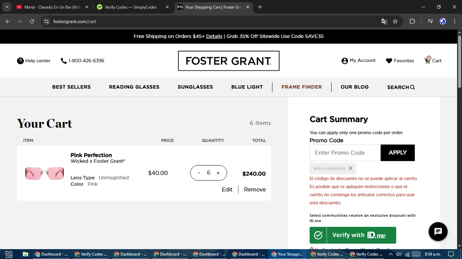 Gargoyles Eyewear promo code screenshot showing code WELCOME20 applied at Gargoyles Eyewear checkout page. Uploaded by SimplyCodes community member WiseHunter8213 on Apr 10, 2025