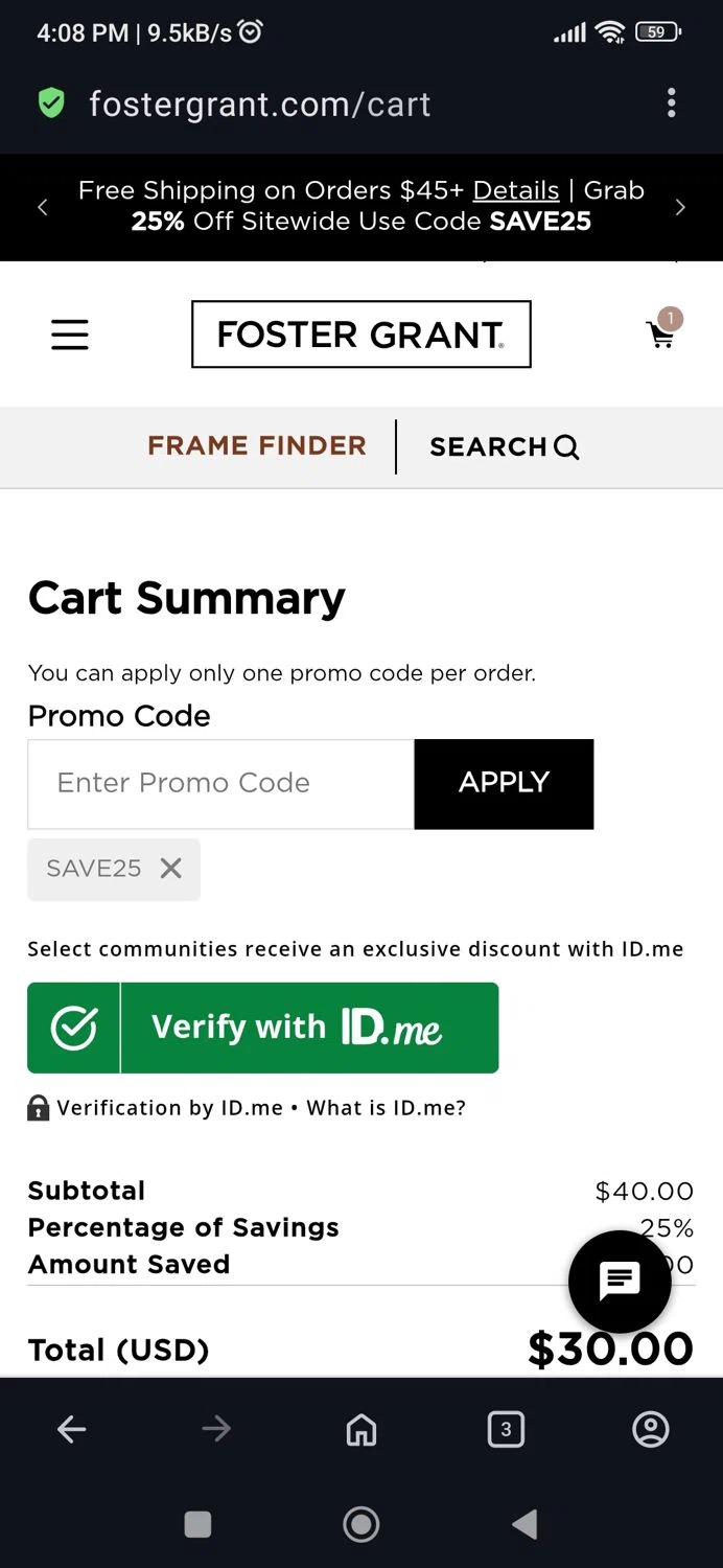 Gargoyles Eyewear promo code screenshot showing code Save25 applied at Gargoyles Eyewear checkout page. Uploaded by SimplyCodes community member BB9542251456527 on Apr 21, 2025