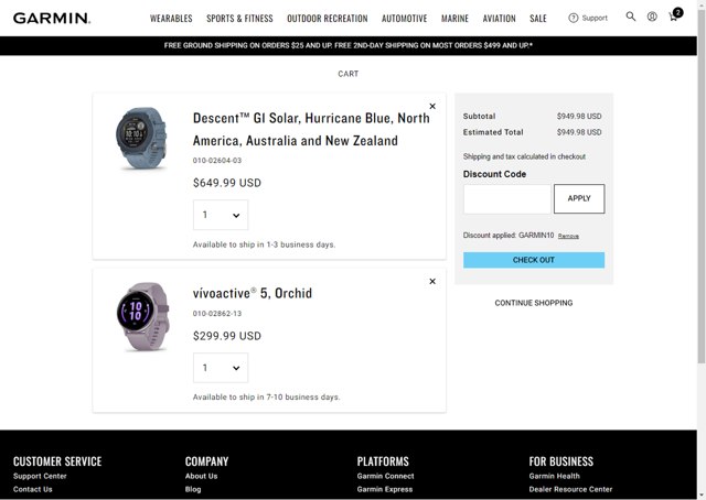 Garmin checkout page showing Garmin discount code box | Screenshot taken by SimplyCodes community member on Oct 11, 2023