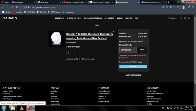 Garmin checkout page showing Garmin discount code box | Screenshot taken by SimplyCodes community member on Sep 16, 2023