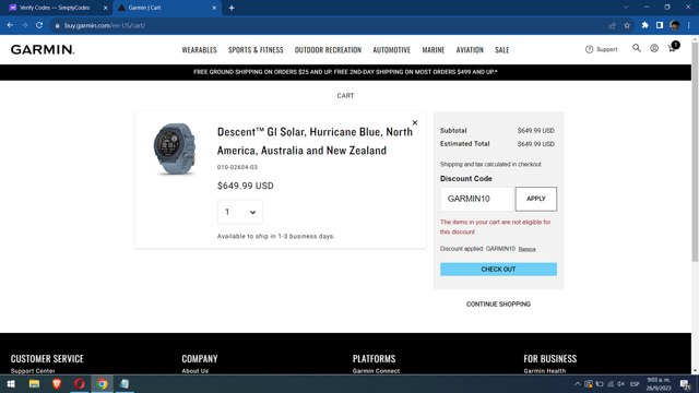Garmin checkout page showing Garmin discount code box | Screenshot taken by SimplyCodes community member on Sep 26, 2023