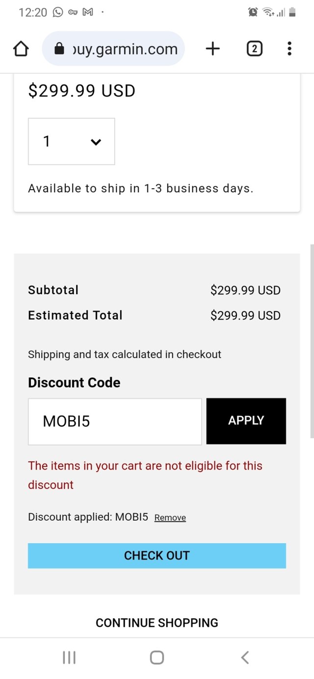 Garmin checkout page showing Garmin discount code box | Screenshot taken by SimplyCodes community member on Aug 20, 2023